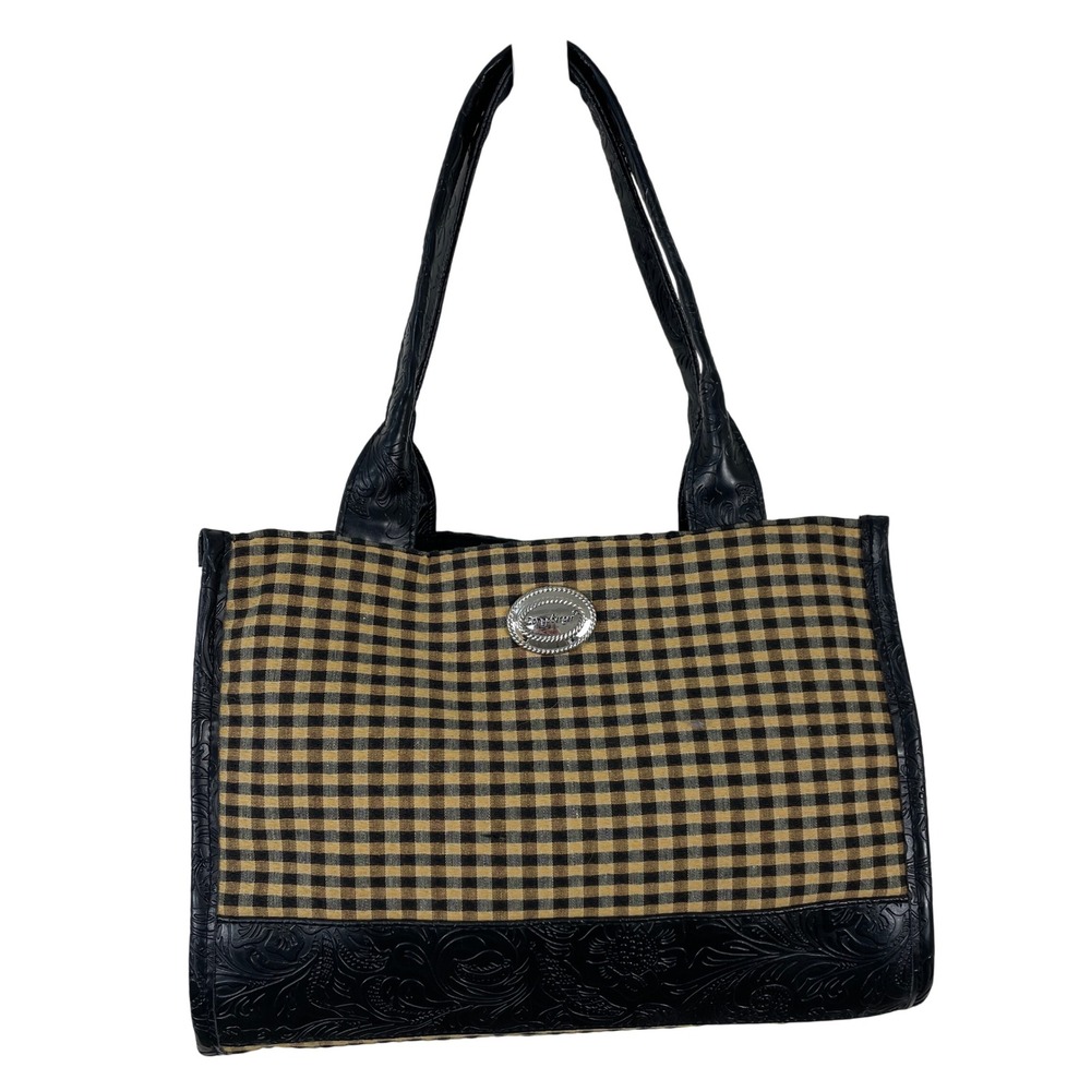 Longaberger Gingham Tote Bag Black Tan Embossed Floral Trim Silver Logo Plaque‎